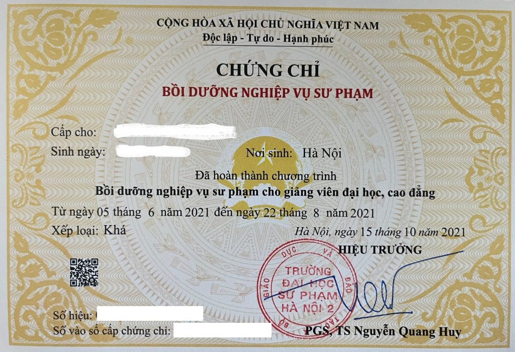 Mẫu chứng chỉ nghiệp vụ sư phạm